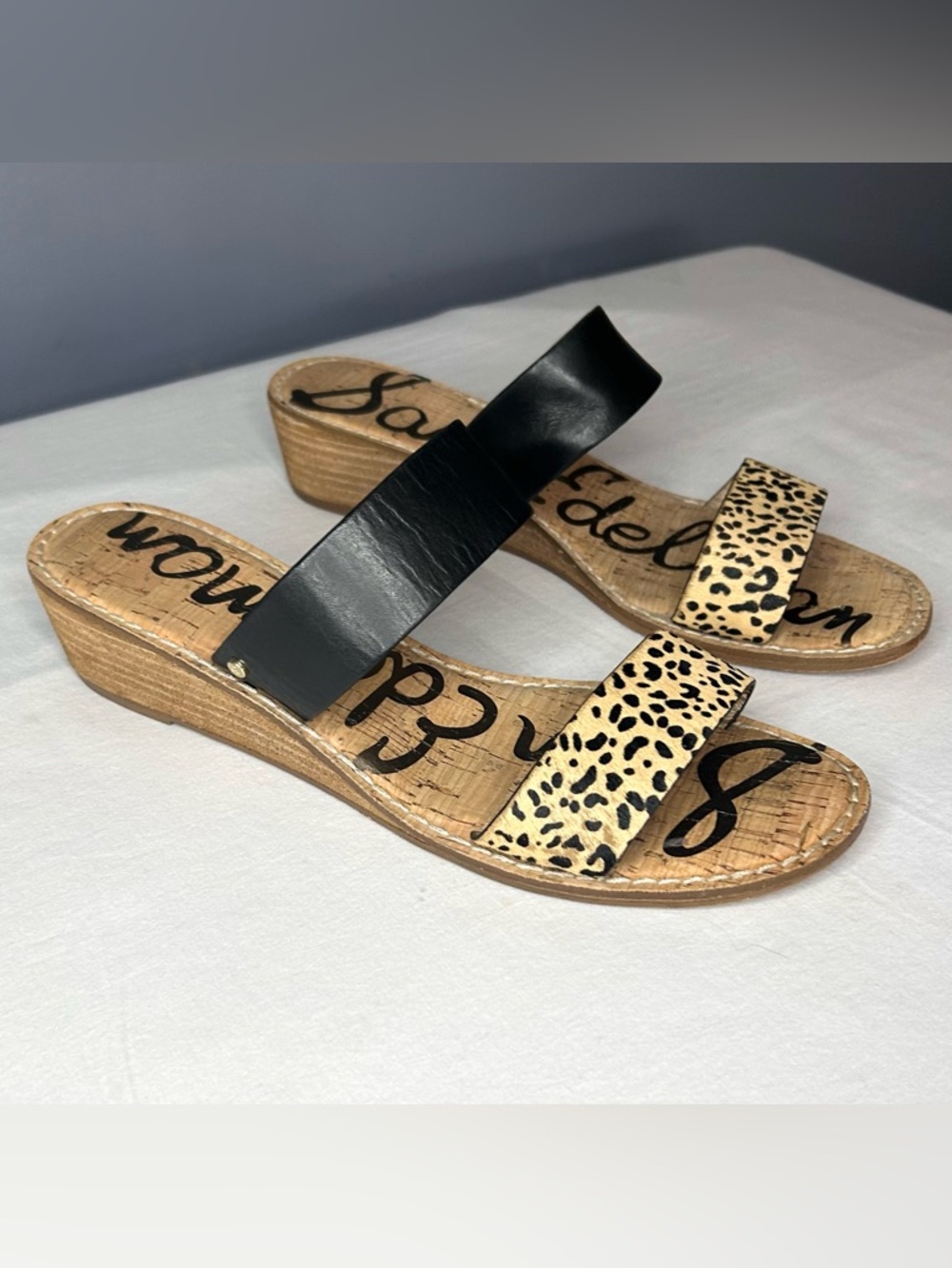 Sam Edelman Wedge Sandals Womens 10 Black Leopard Calf Hair Shellie Slide Shoes
